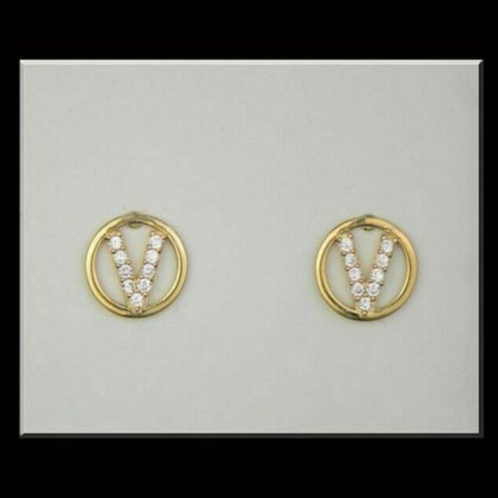 14k Yellow Or White Gold Round Initial Letters Cz Stud Earring Letter "V"